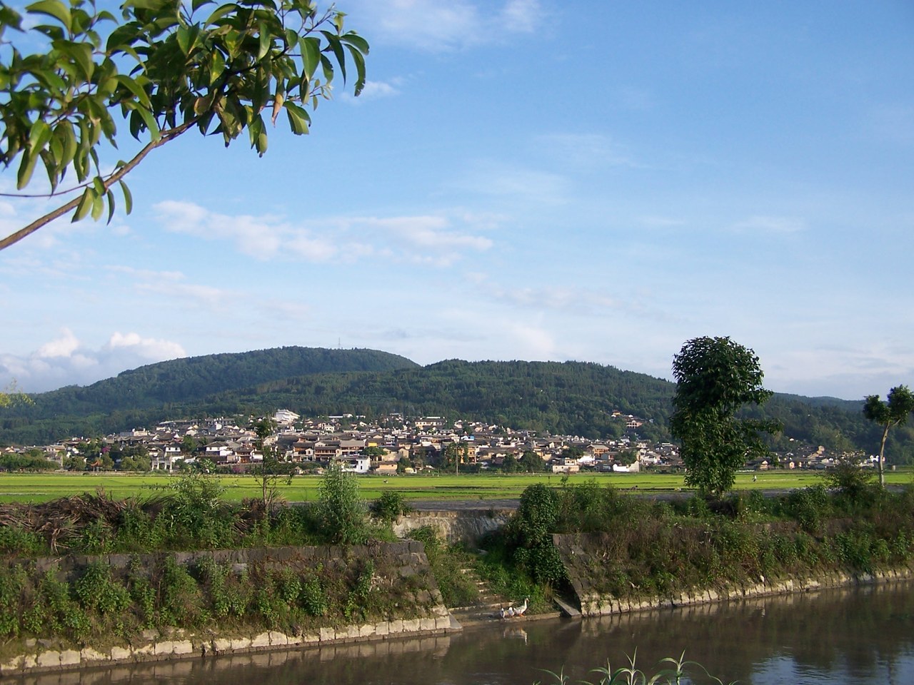 Heshun Old Town beyond green fields and a tree-lined waterway near Tengchong.