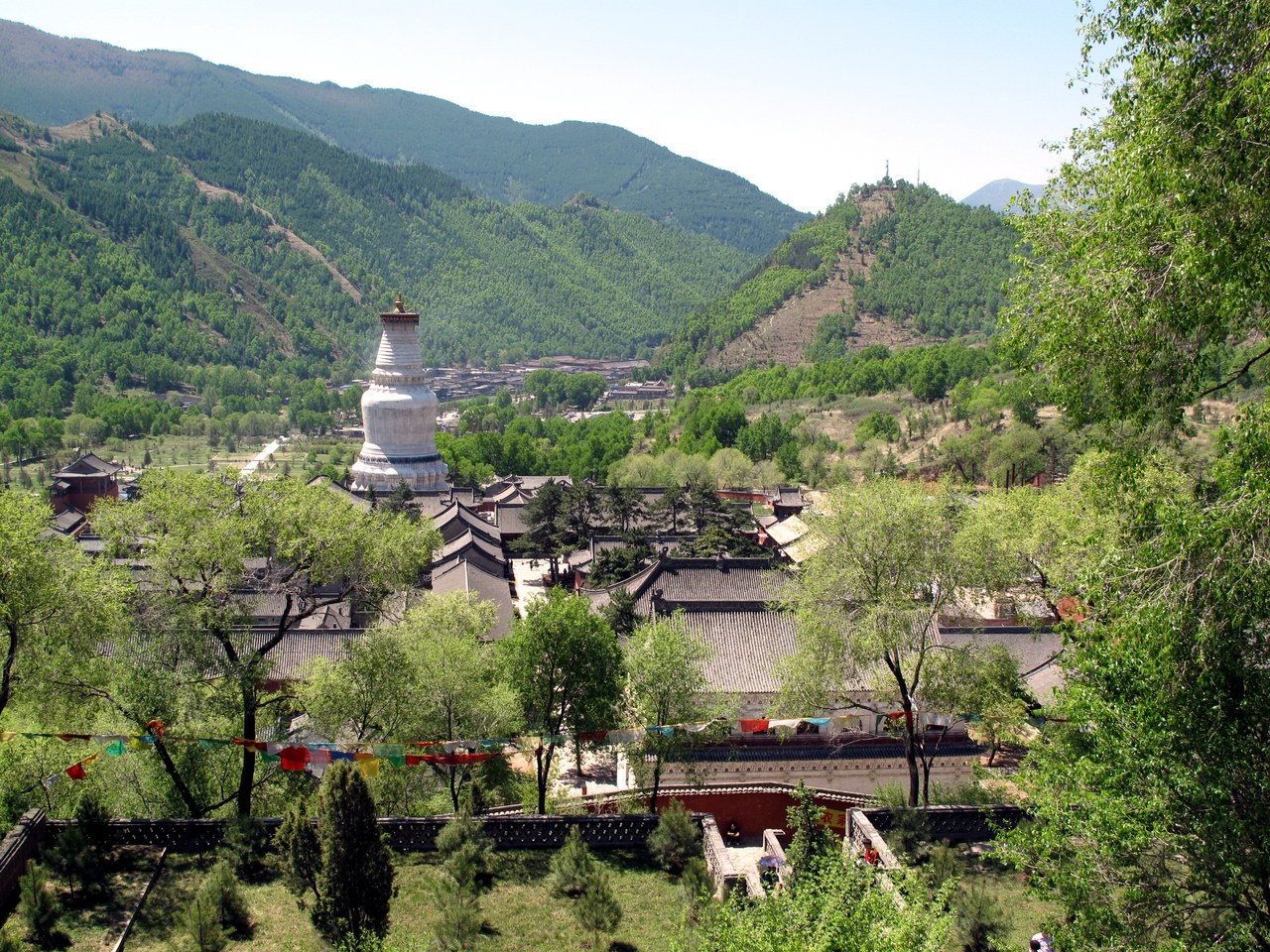 The white pagoda of Tayuan Temple above temple roofs in the green Taihuai basin at Wutaishan.