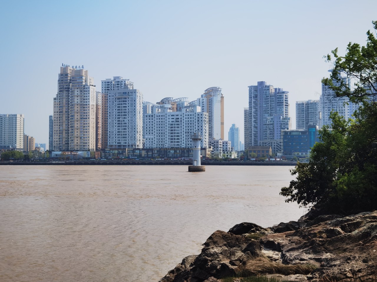 The Ou River and Wenzhou waterfront skyline seen from Jiangxin Island.