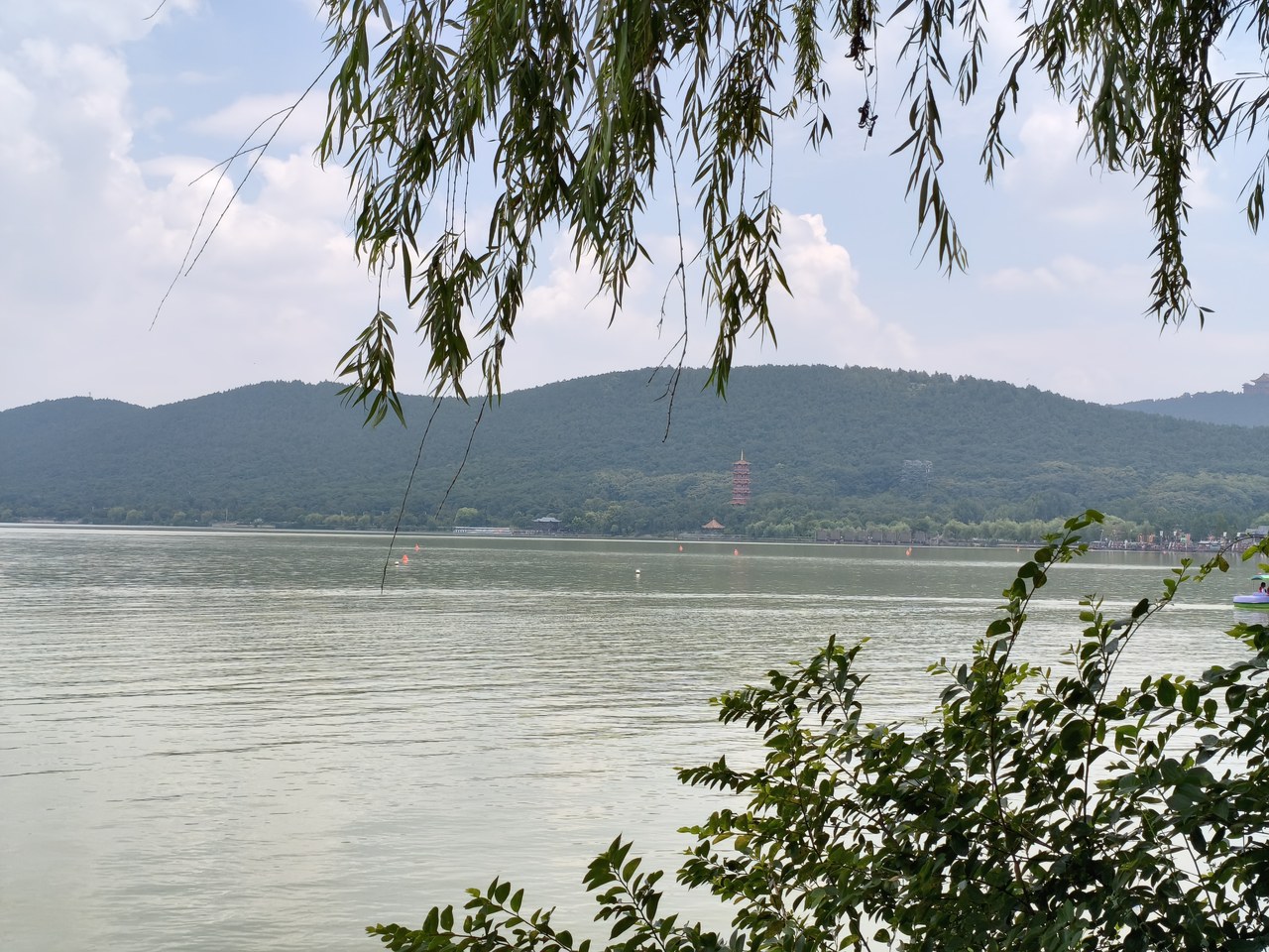 Yunlong Lake with a wooded ridge and a pagoda framed by willow branches