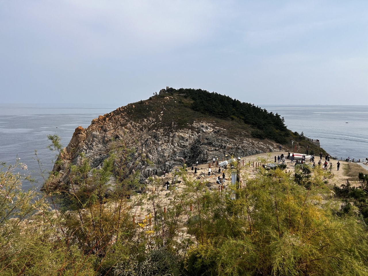 A rocky Weihai headland above blue sea, with green coastal slopes