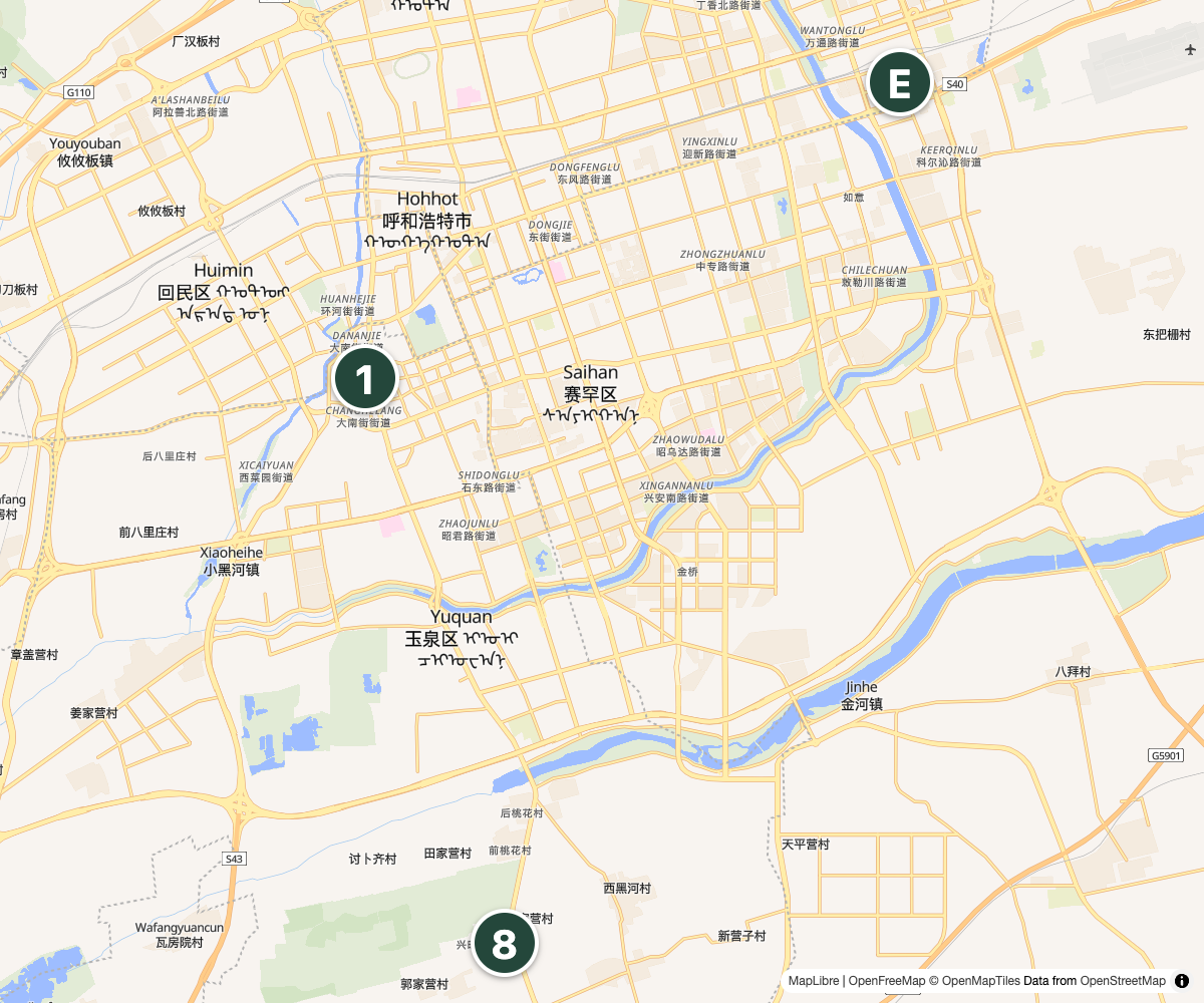 Hohhot orientation on a real street basemap: Dazhao in the western city, Hohhot East station farther northeast and Zhaojun well to the south.