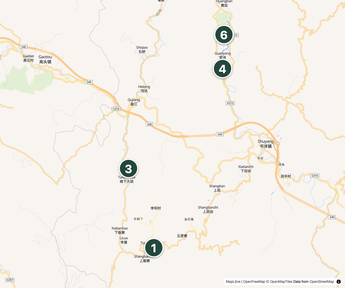 Regional map showing Tianluokeng viewpoint 1 and Taxia 3 southwest of the Yunshuiyao area, with Hegui 4 and Huaiyuan 6.